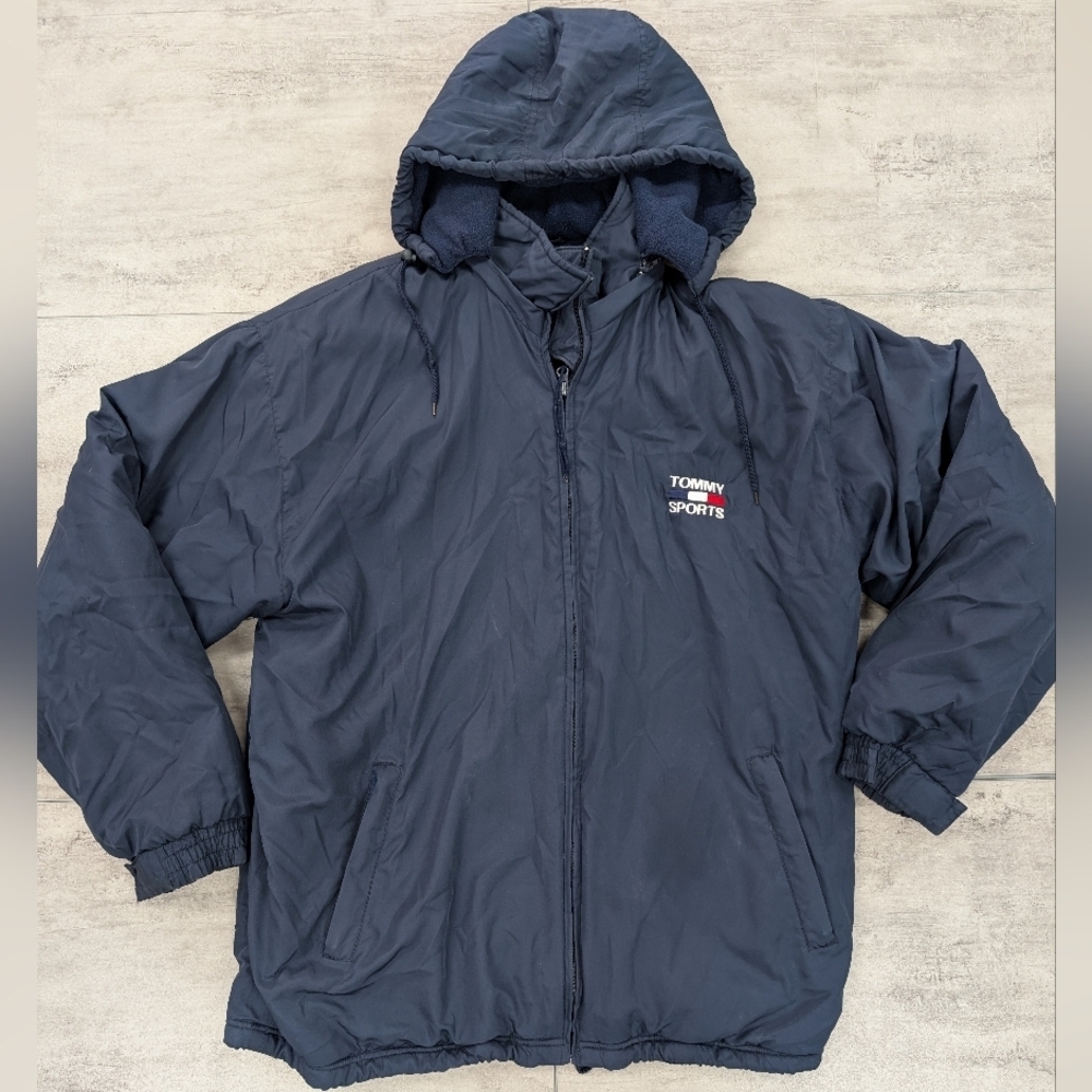 Vintage Tommy Sport Men's Navy Blue Embroidered Coat Size Large